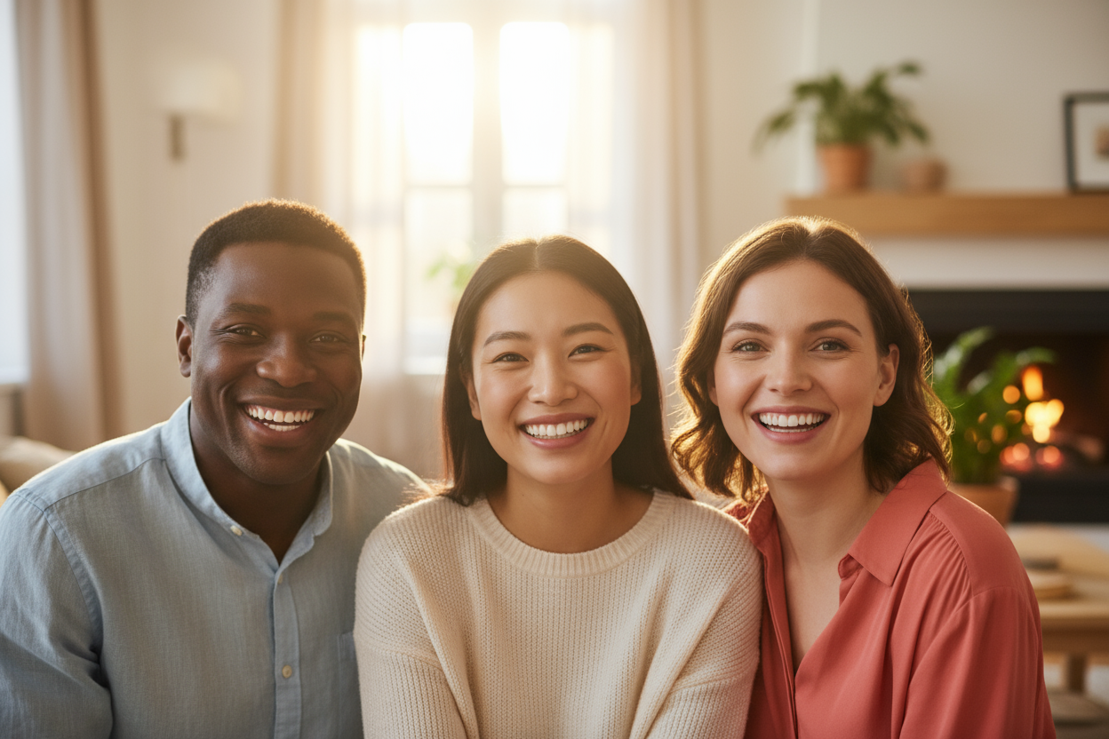 FRIENDLEY GLOW IMAGE.  3 PEOPLE WITH WHITE NATURAL SMILE